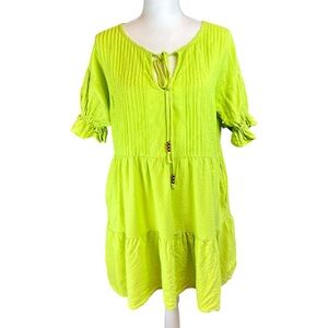 LA BOHEME GIRLS Green Linen Blend Dress S/M Mini Loose Fit Tiered Ruffles Pleats